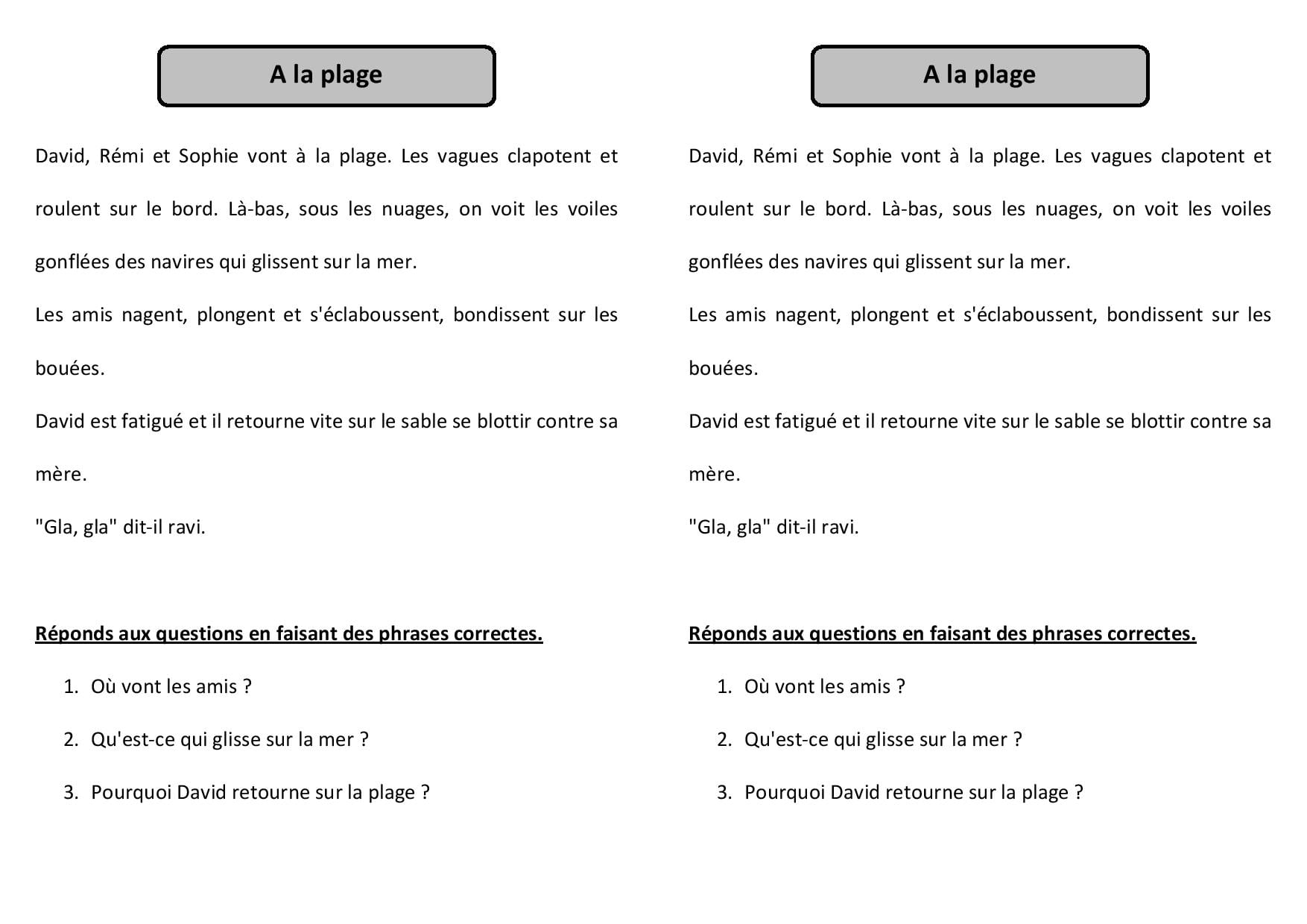 Compréhension De Lecture 4e Année Pdf Gratuit