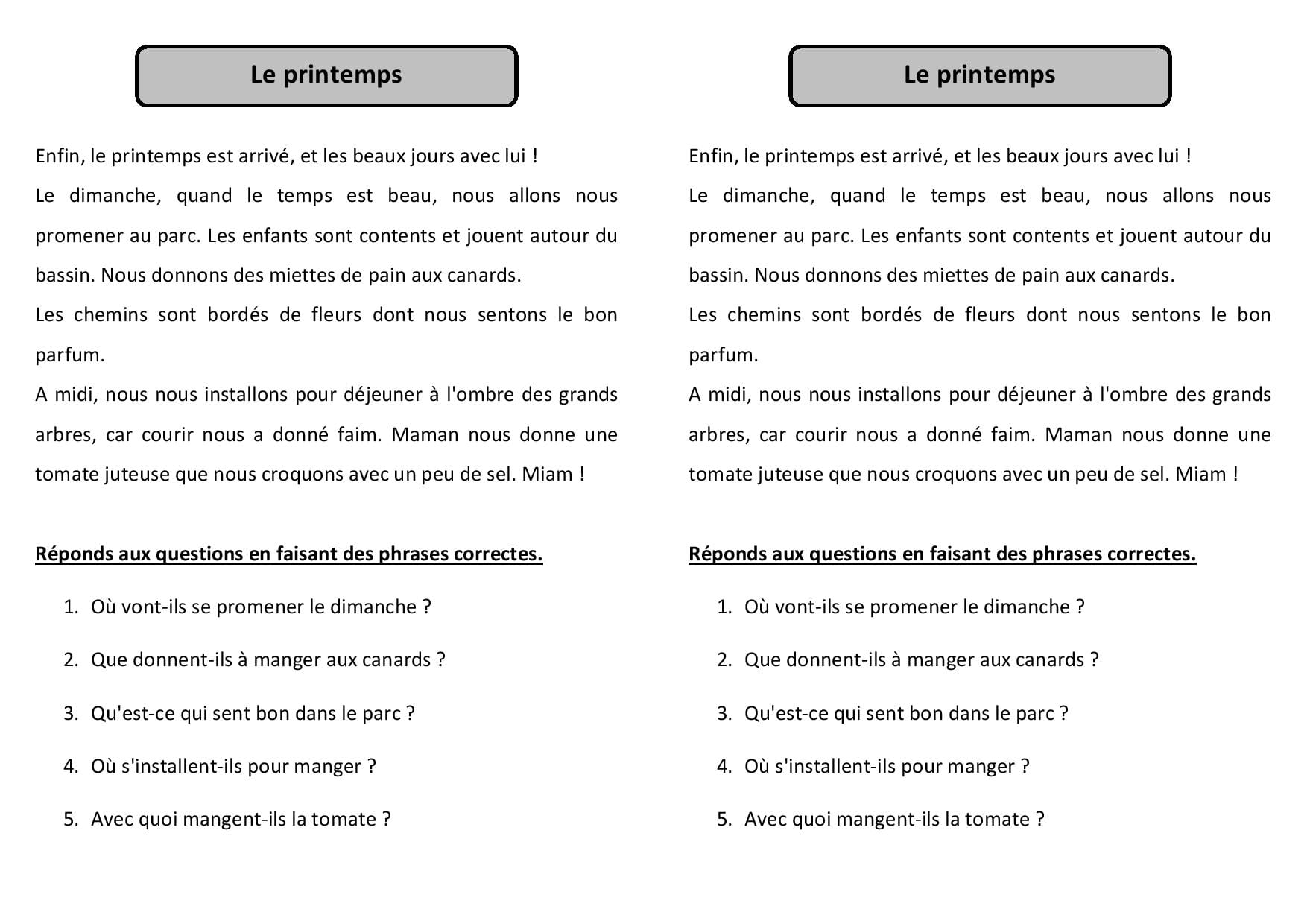 Compréhension De Lecture 4e Année Pdf Gratuit