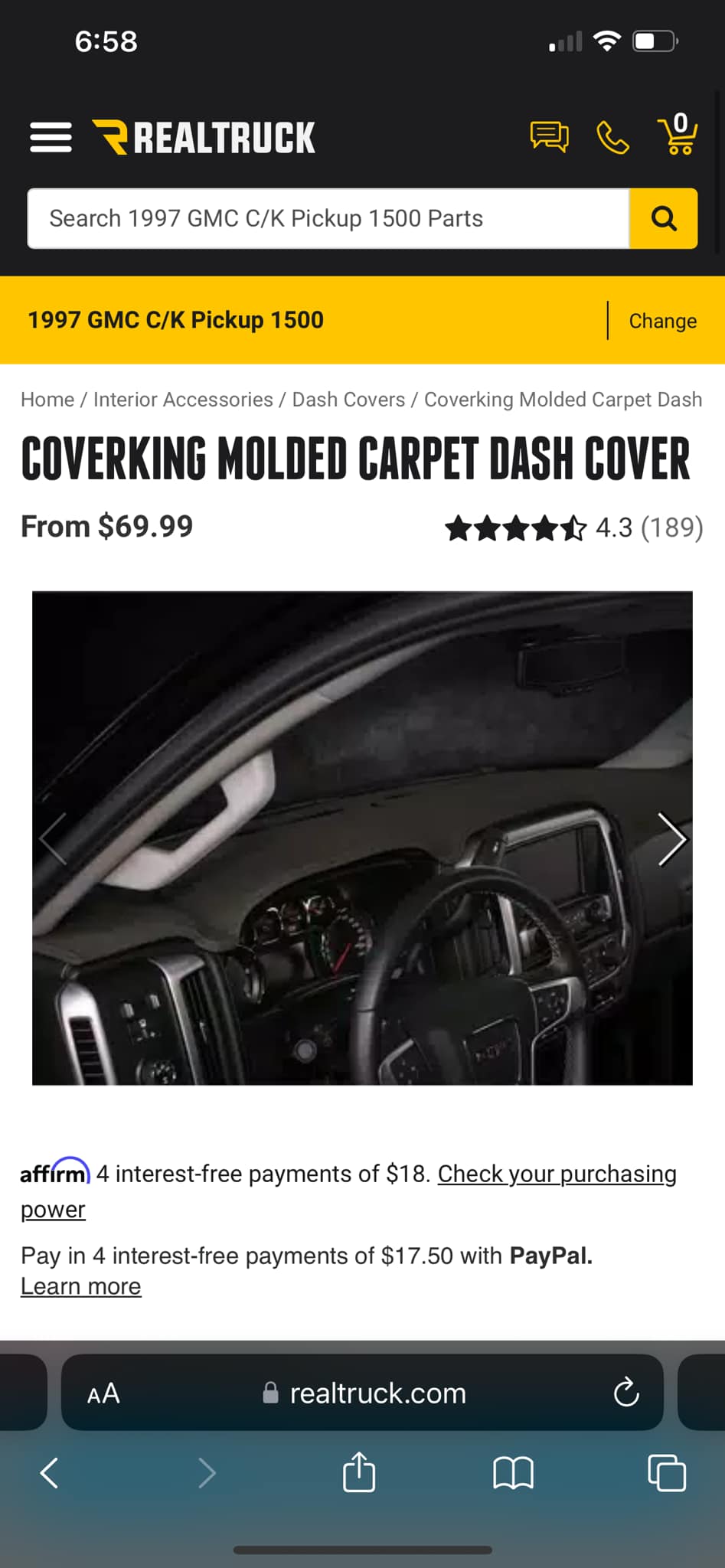 Chevrolet Pickup 1997-2000 No Handle Carpet Dash Cover Mat Charcoal Grey