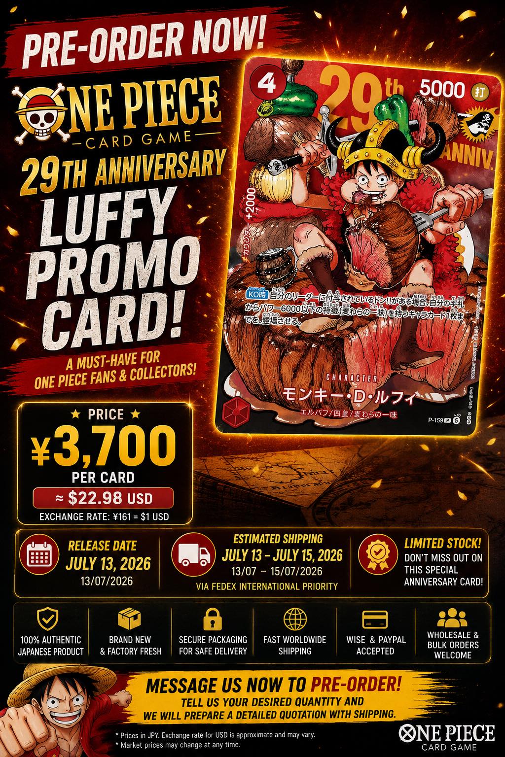 🏴‍☠️ PRE-ORDER NOW – ONE PIECE 29TH ANNIVERSARY LUFFY PROMO! 🎉