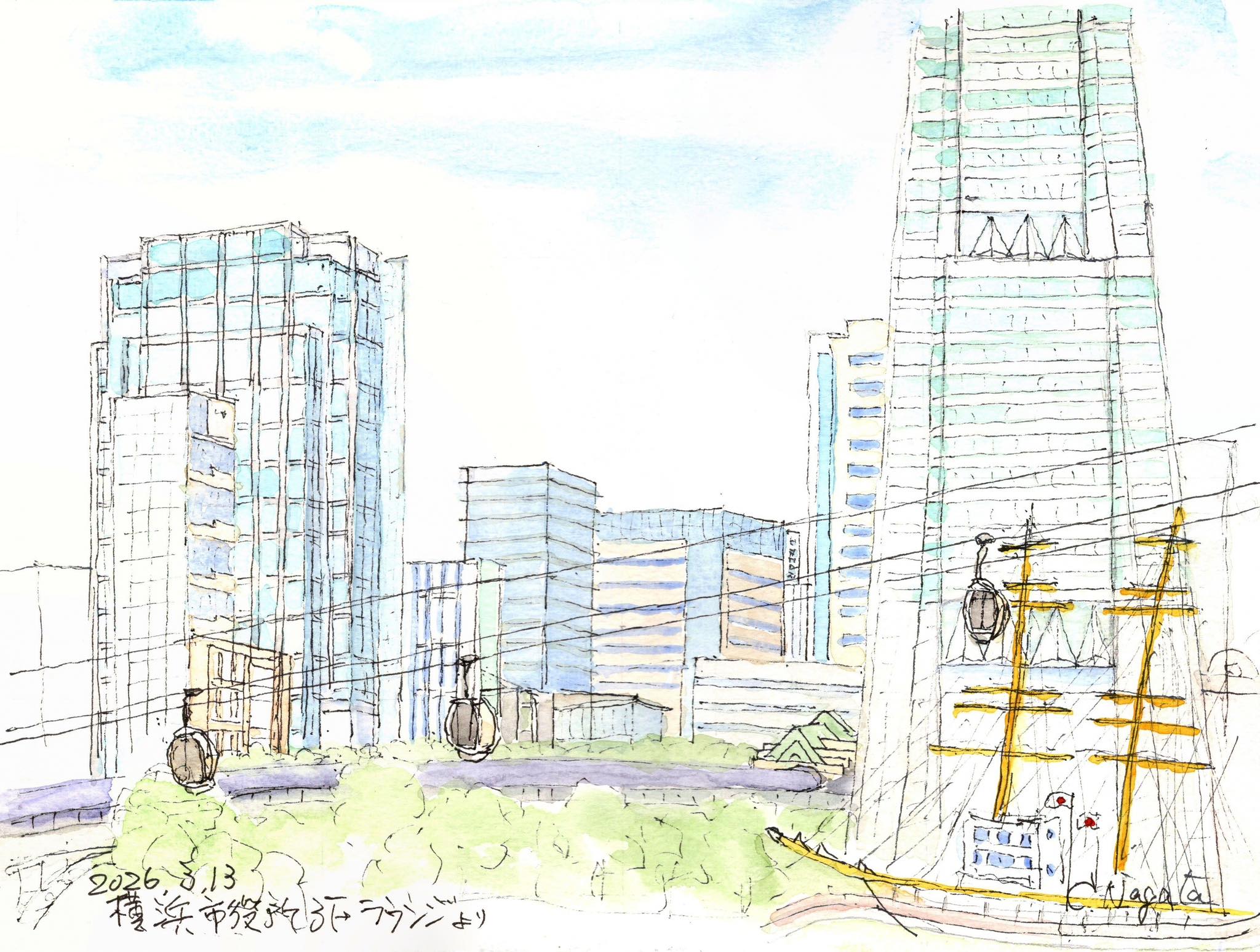 横浜みなとみらい地区を描く．．．横浜市庁舎3Fラウンジから見える風景