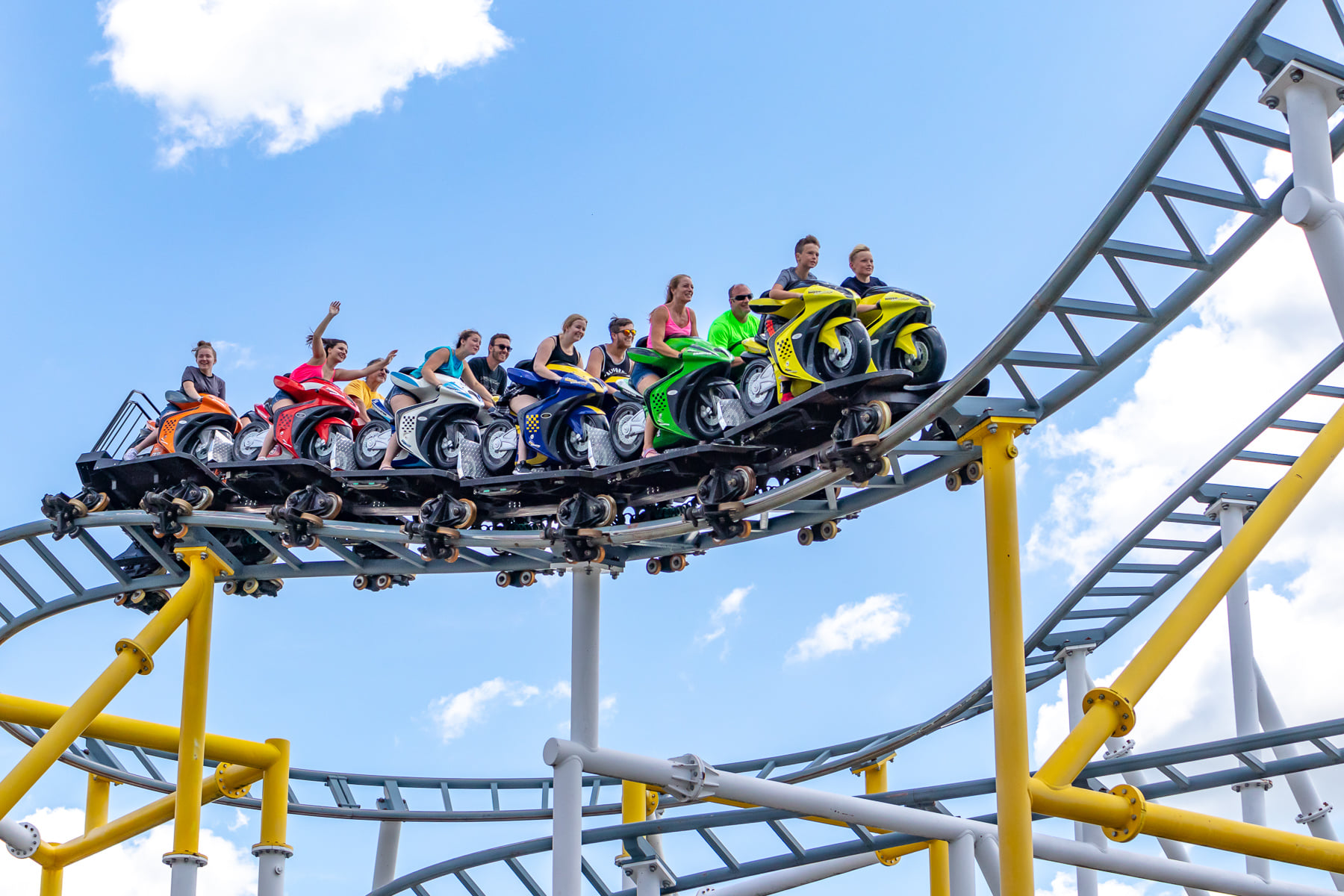 Moto coaster at Darien Lake with unique flywheel launch