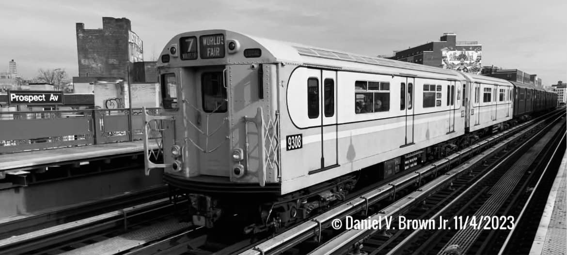 Partial interior view of IRT R-33WF car #9306 on display at the NY