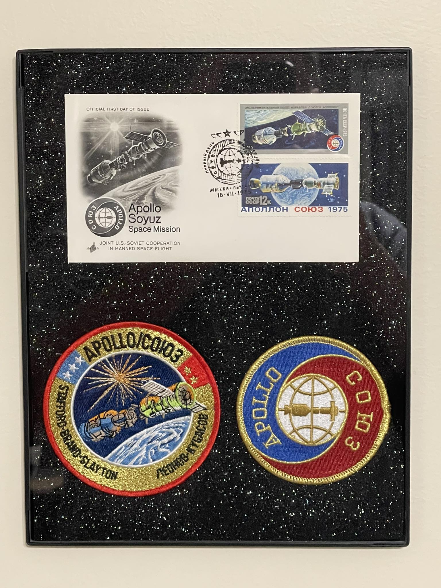 Apollo Soyuz Space Mission first day cover and patches