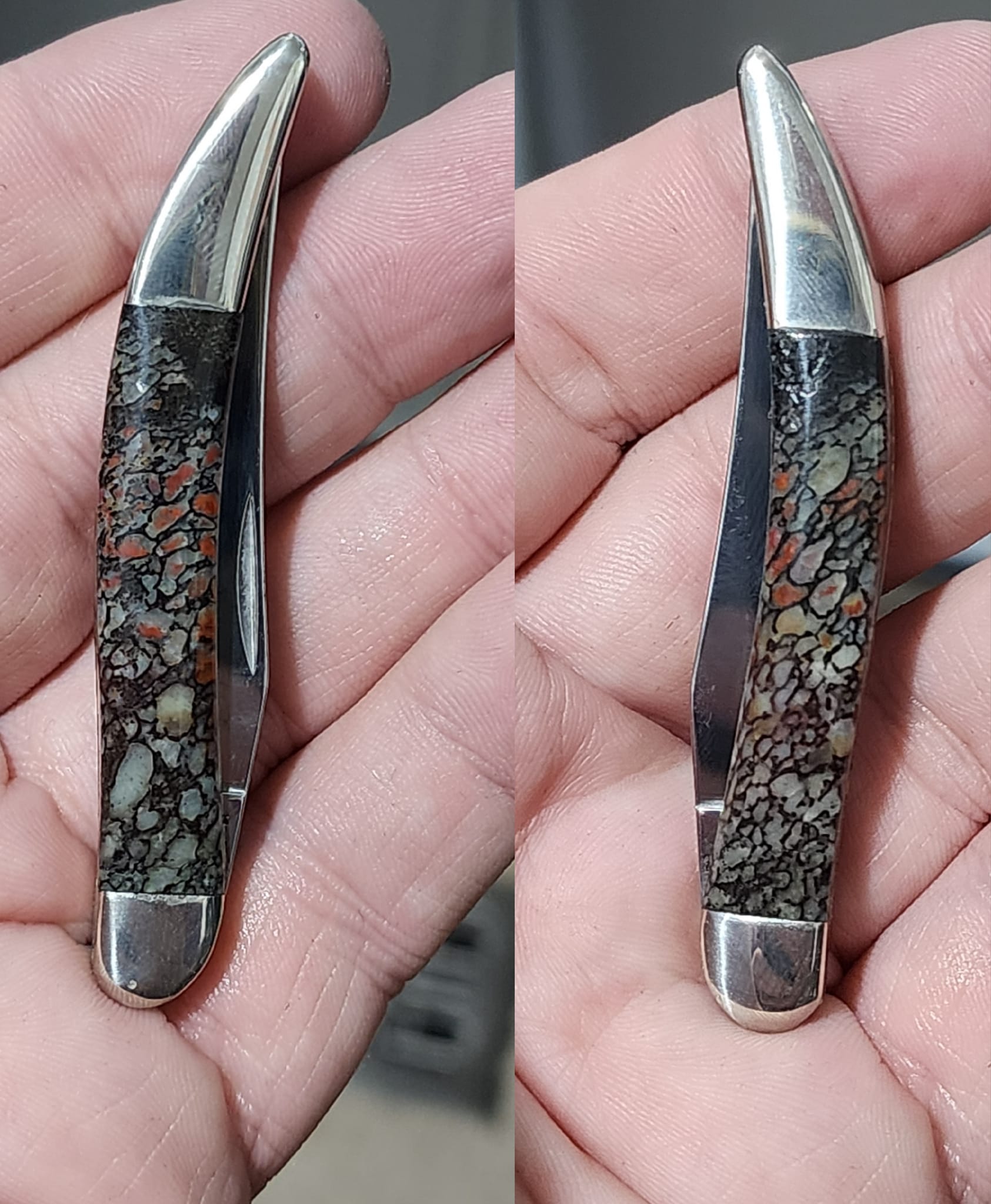Handmade dinosaur bone pocket knife and chef knife with chocolate 