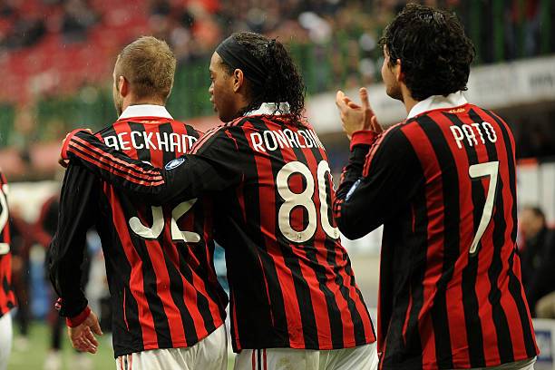 Beckham and Ronaldinho at Milan — crosses and smiles under San