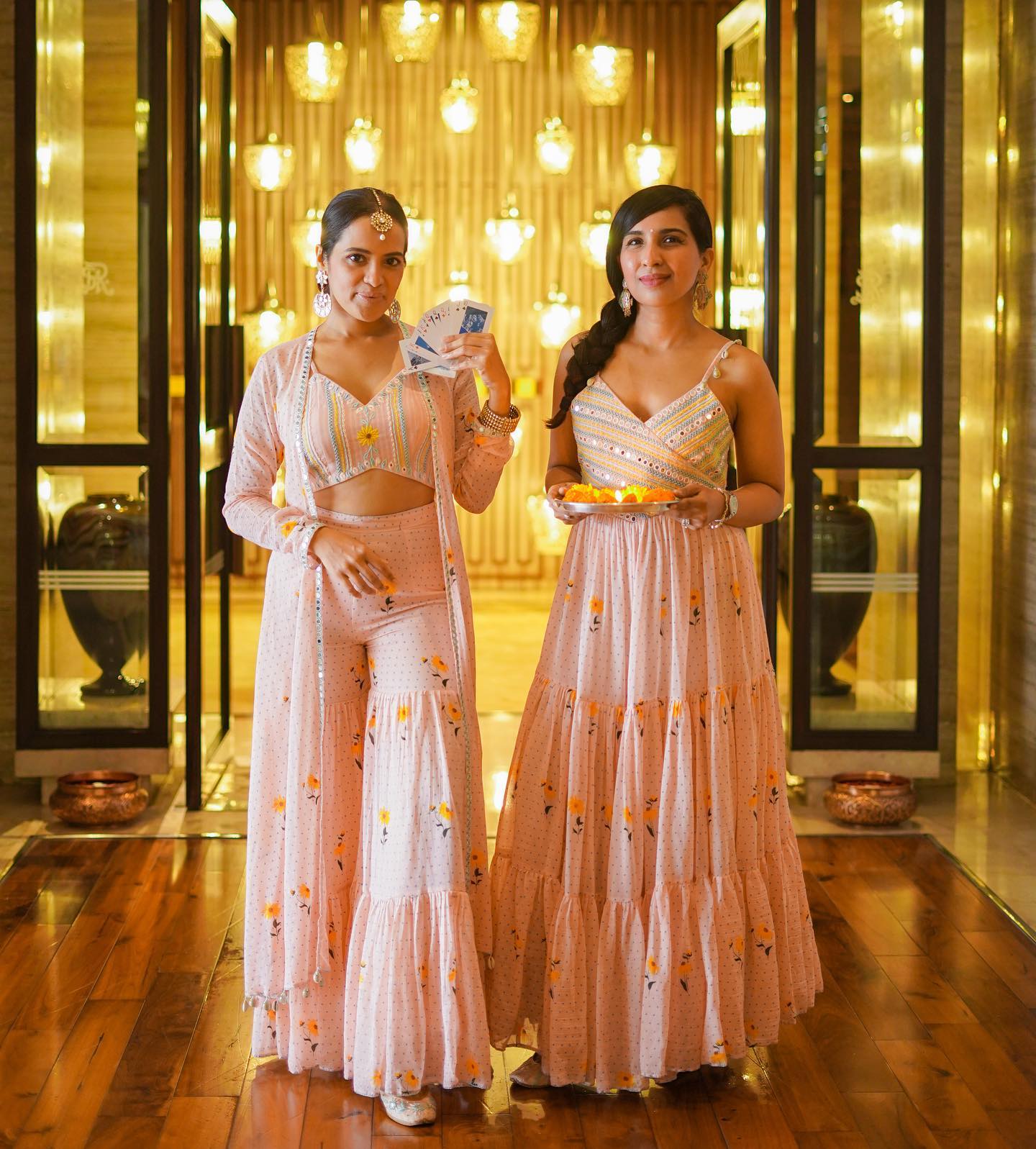 With Diwali round the corner, D and I styled two fuss free feminine looks for you. One is a comfy yet stylish powder pink dress with mirror work which can be worn
