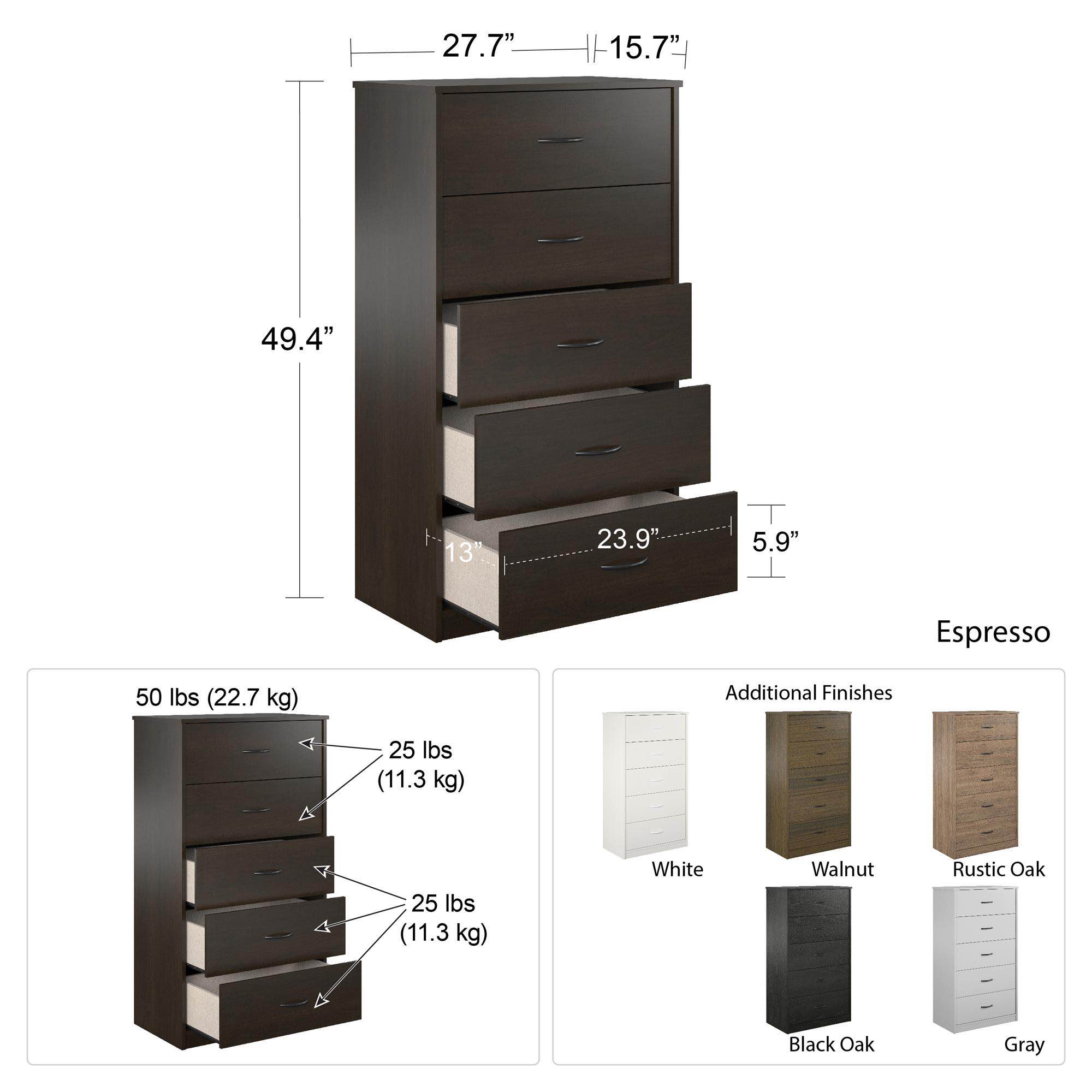 New Black-brown 5-drawer dresser is constructed from particleboard with a wood-effect finish. It has five stacked drawers with integrated finger pulls and a clean, handle-less design. Estimated (WxDxH): 28 x 16 x