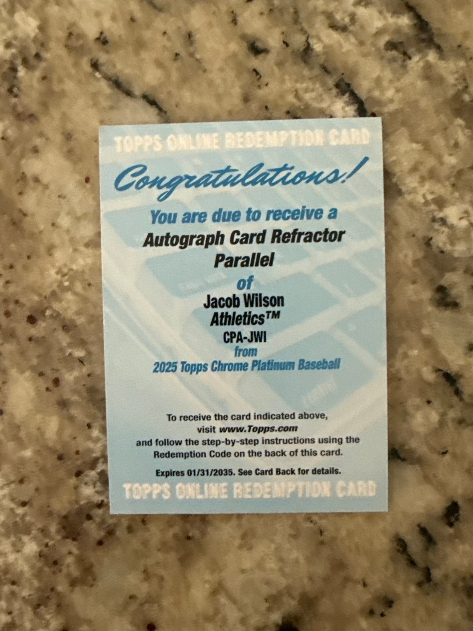 Hitting redemption card in Topps Chrome Platinum hobby box