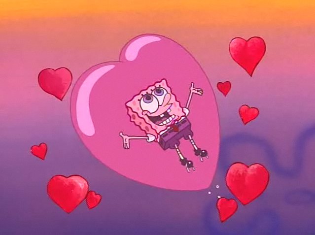 Spongebob jumping into a heart yelling 