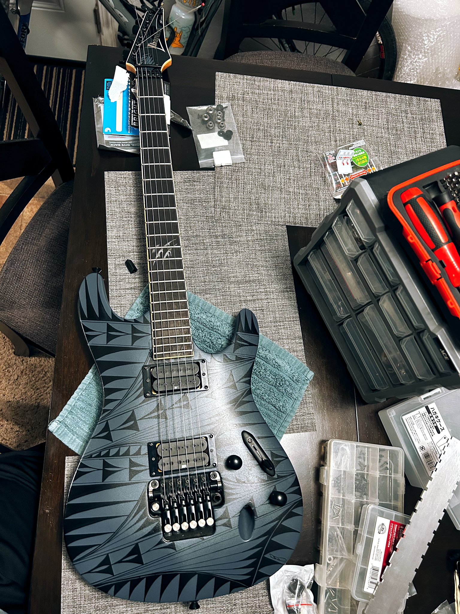 Ibanez S520EX with native Acoma Pueblo patterns in dark stone blue