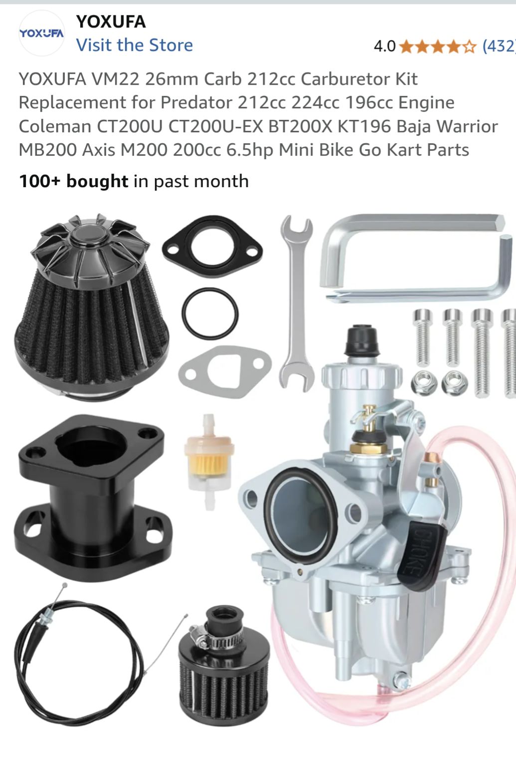 JMCHstore Kit adaptateur de filtre à air pour carburateur de performance pour moteur FRP GMB100 Coleman CT100U CC100X 98cc, Predator 79cc 3HP, Massimo