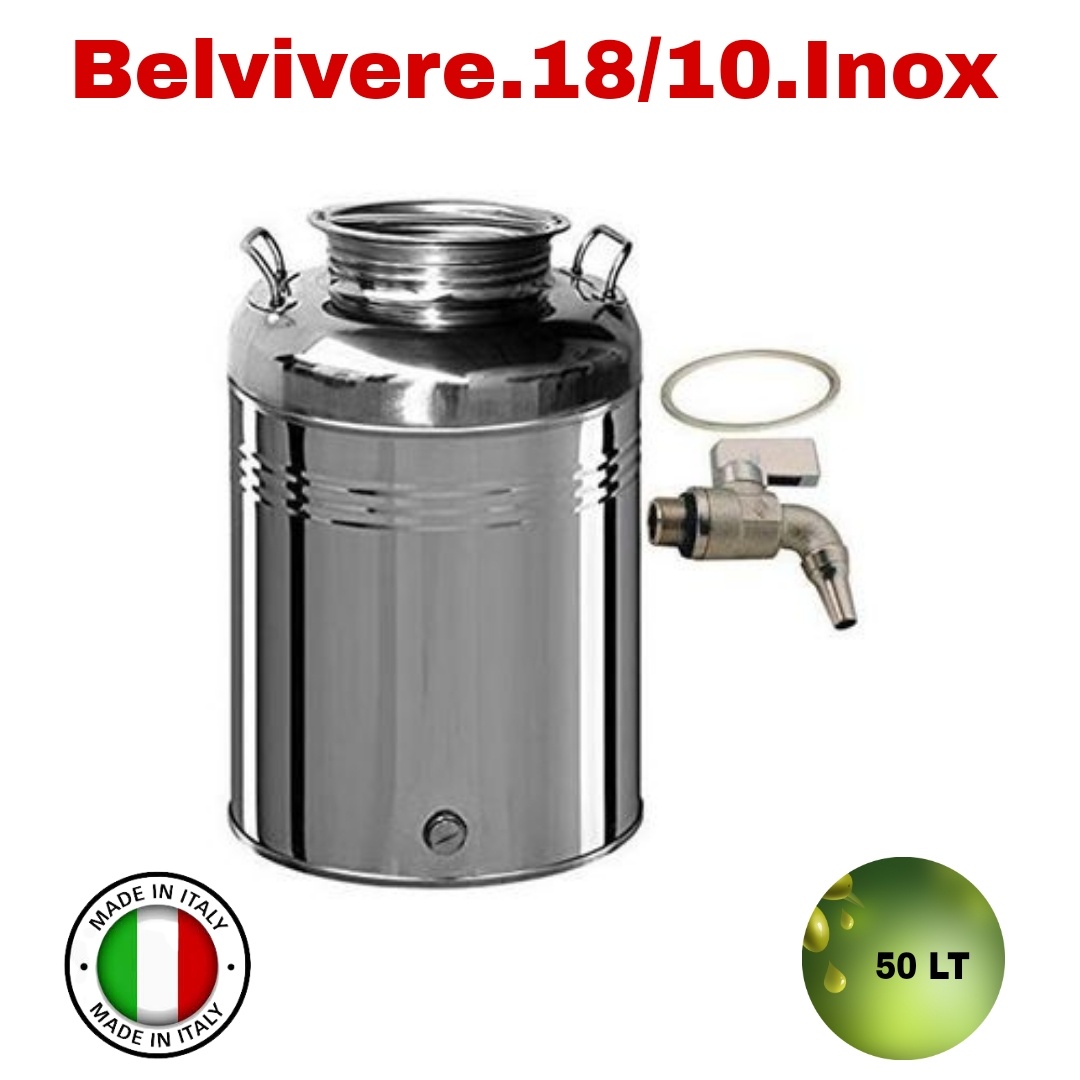 Récipient à Huile En Inox 18/10 BELVIVERE - 50 Litres Avec Robinet Anti-Goutte - Fabriqué En Italie