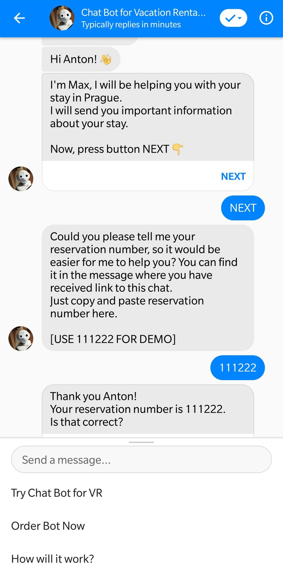Chat Bot for Vacation Rentals - Airbnb, Booking.com, etc