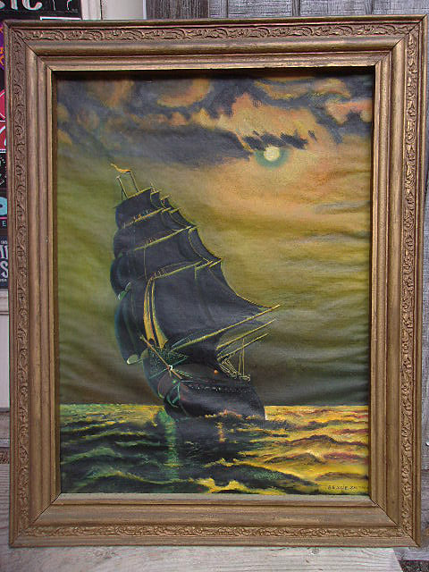 Ominous ship-on-ocean painting from the 1940s