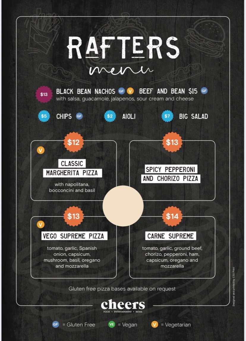 Rafters Bar CSU - New menu!!! Bar opens from 5pm daily... | Facebook
