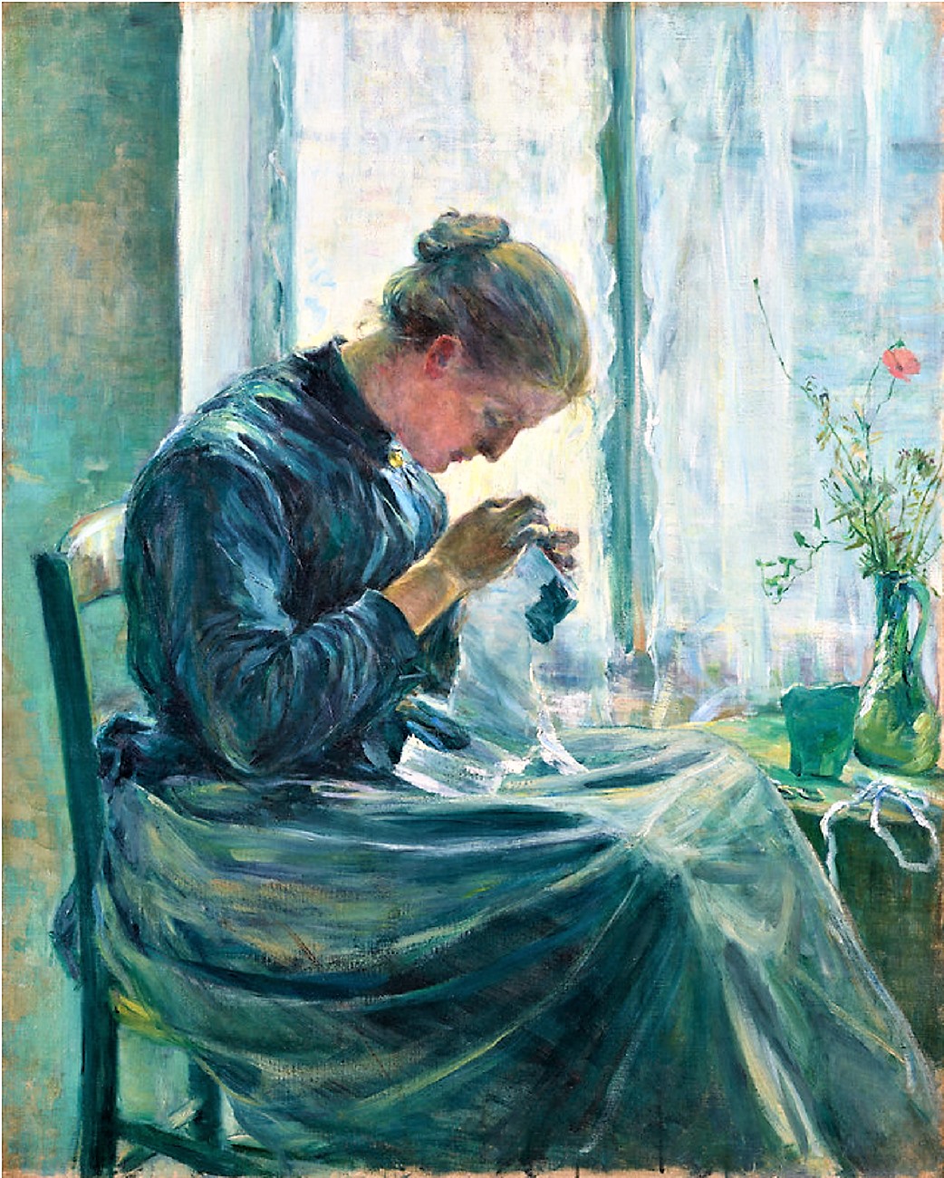 Laura D ro フロリダ大美術学士取得 女性アーティスト 木枠額装 Kuroda Seiki's Woman Sewing painting