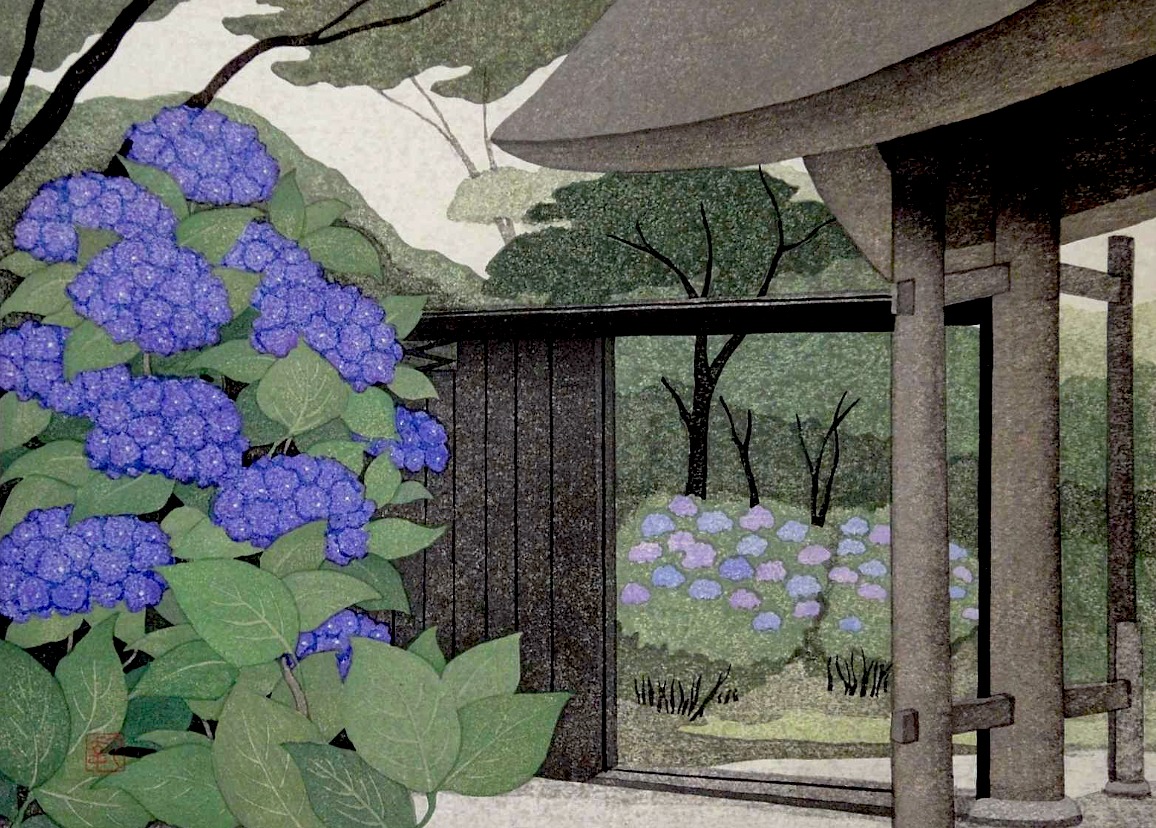 Hydrangea' (紫陽花, Ajisai), a 1991 woodblock print; ink and