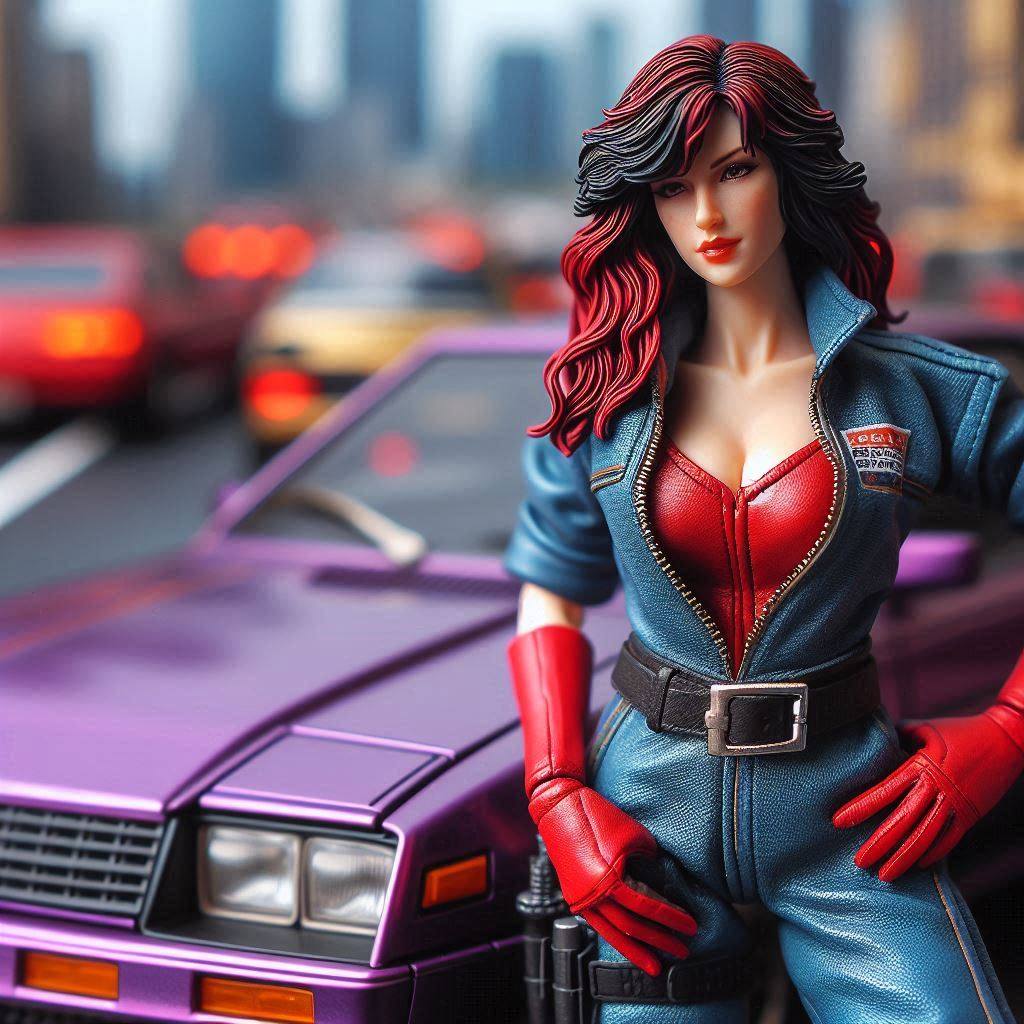 1980s woman in leather mechanic suit next to nissan 300zx