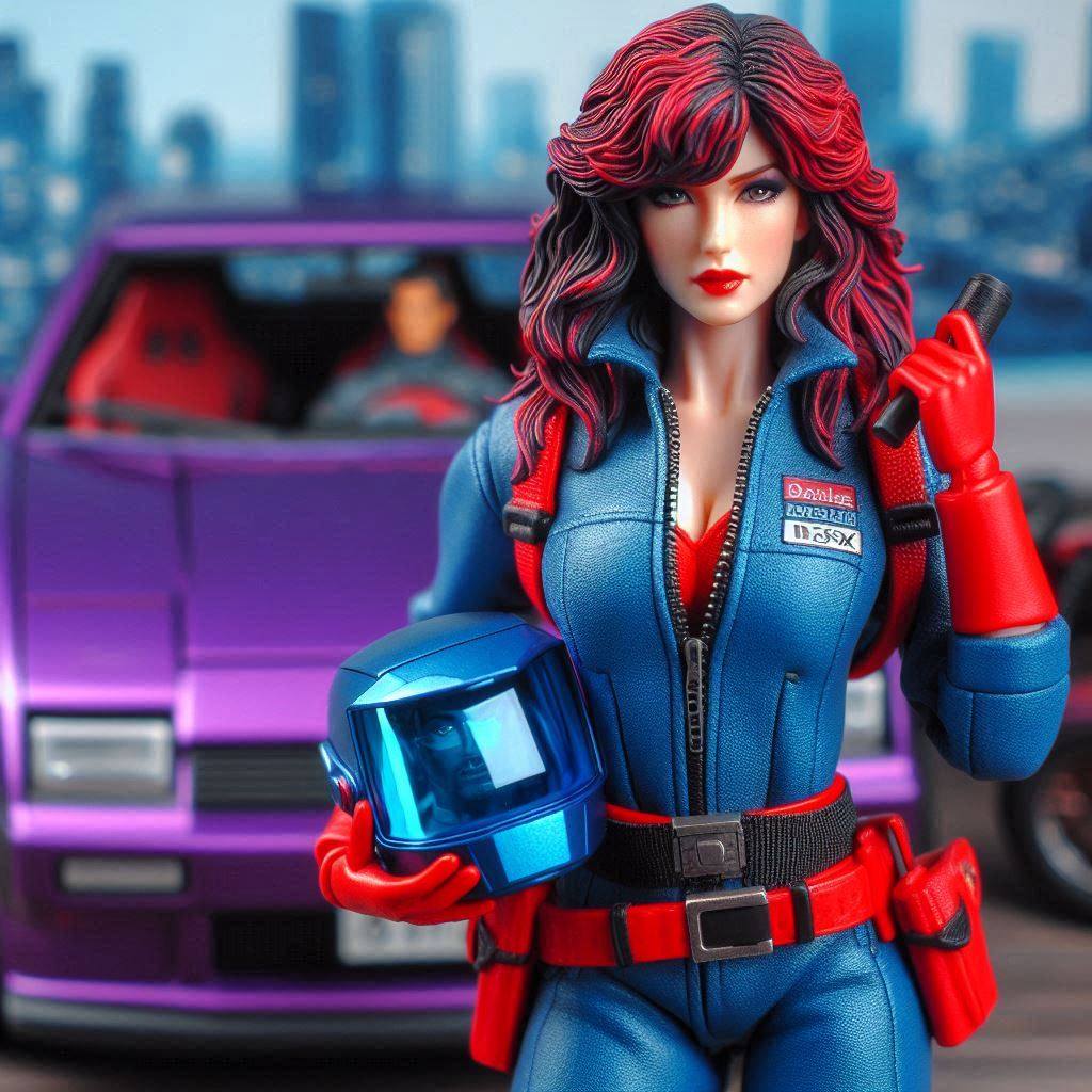 1980s woman in leather mechanic suit next to nissan 300zx