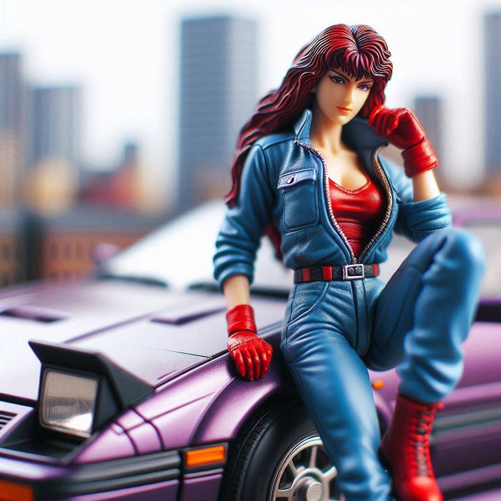1980s woman in leather mechanic suit next to nissan 300zx