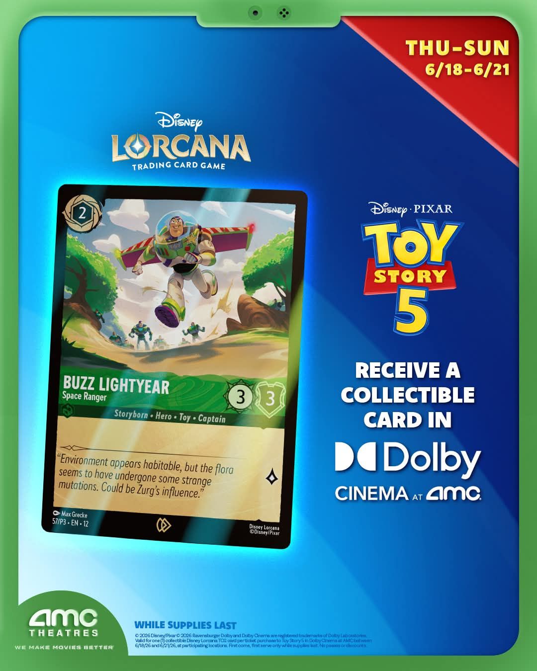 Toy Story 5 promo card at AMC Theaters with Disney Lorcana TCG