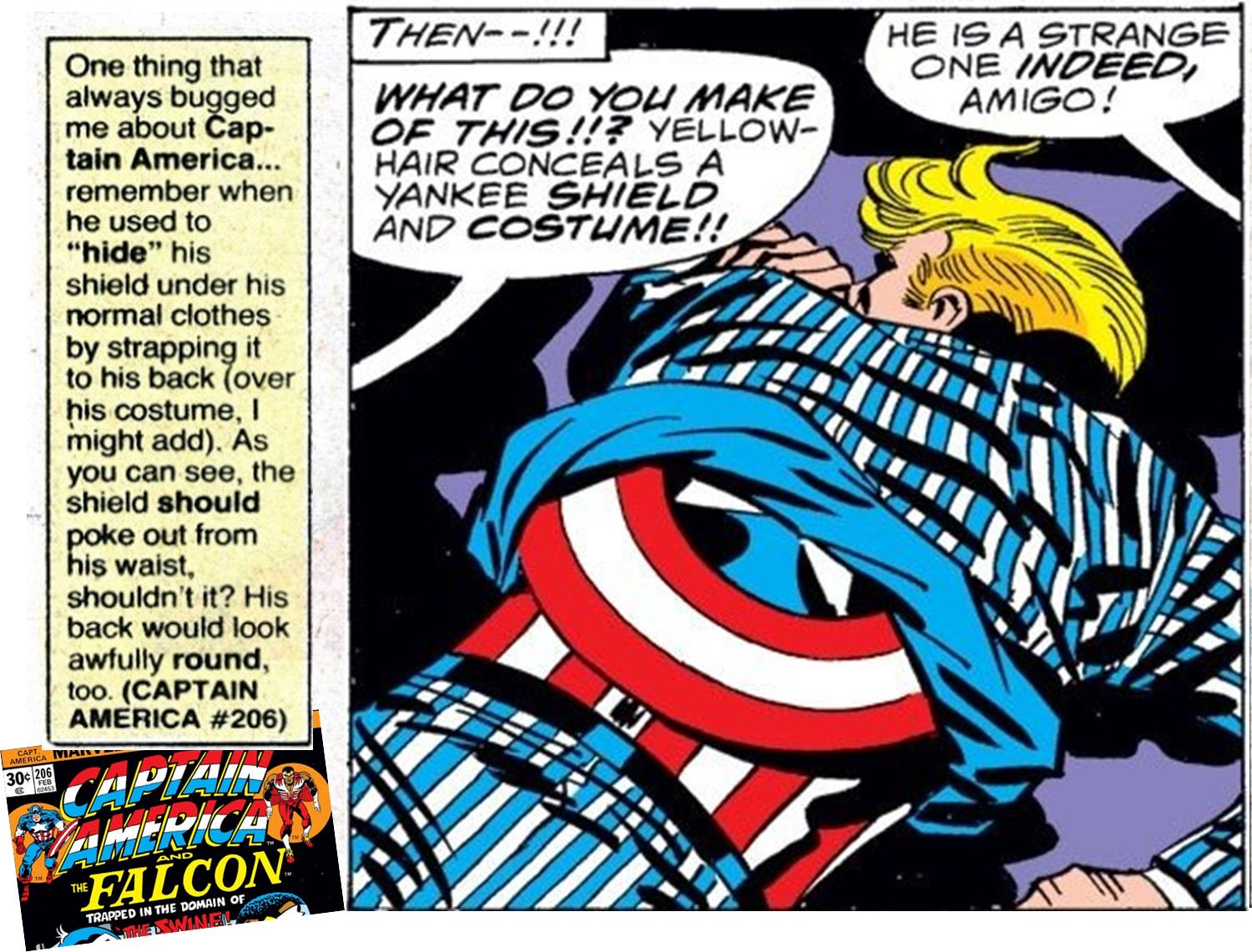 Cap hiding shield under clothes in comic book