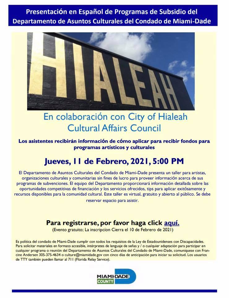 Senator Rene Garcia Miami Dade Commissioner District 13 This Thursday At 5 00 P M There Will Be A Virtual Spanish Language Cultural Grants Workshop If You Would Like To Attend Visit Miamidadearts Org Content Miami Dade Cultural Grants