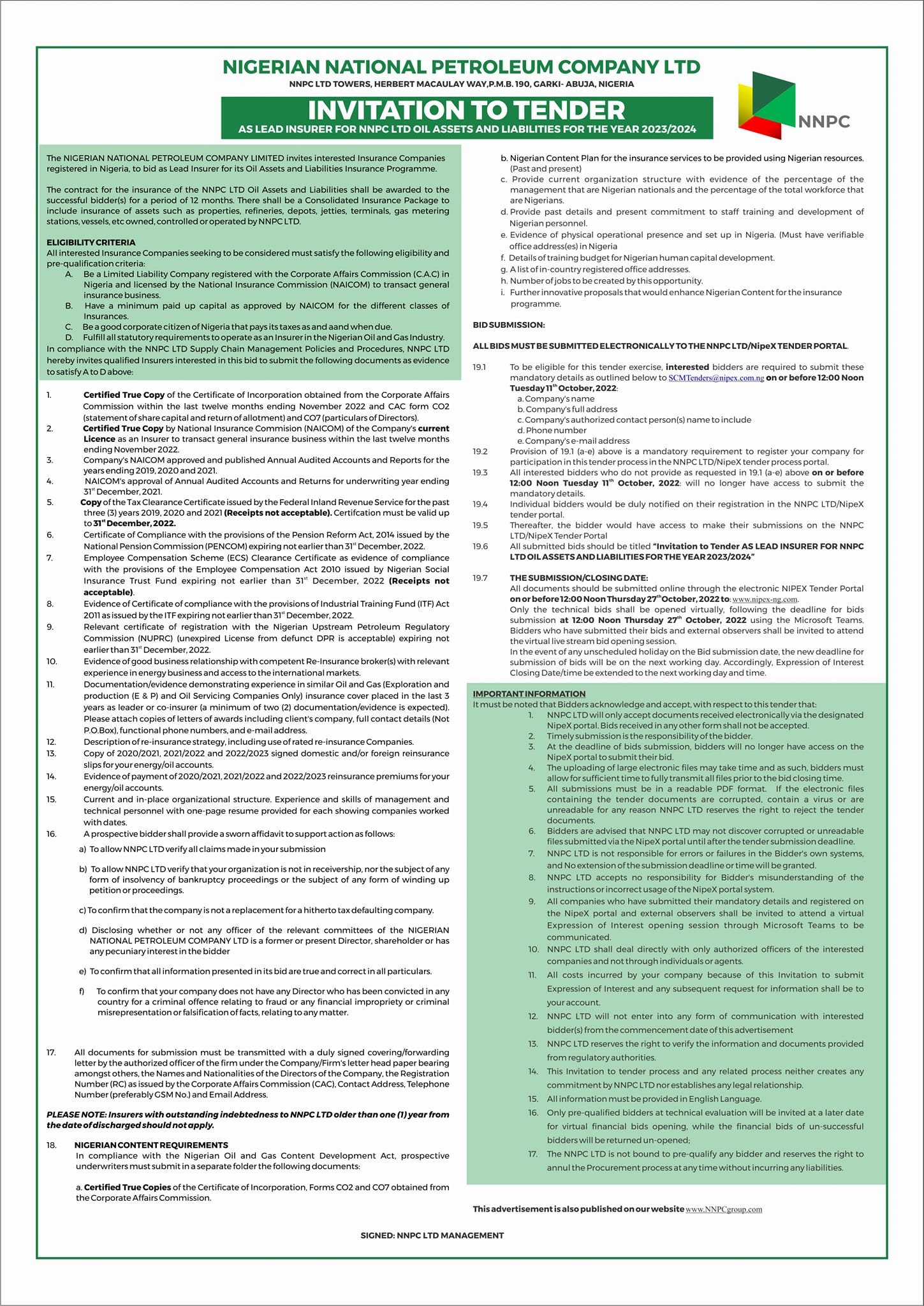 NNPC Limited - RELEASED: Invitation to Tender & Request... | Facebook