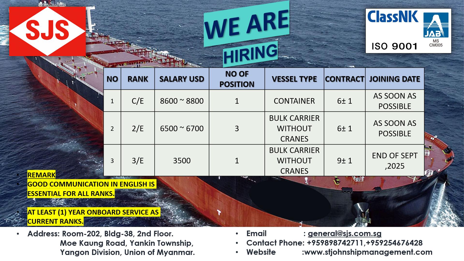 Sjs - (10-09-2025) VACANCY ANNOUNCEMENT FOR CONTAINER VESSEL & BULK ...