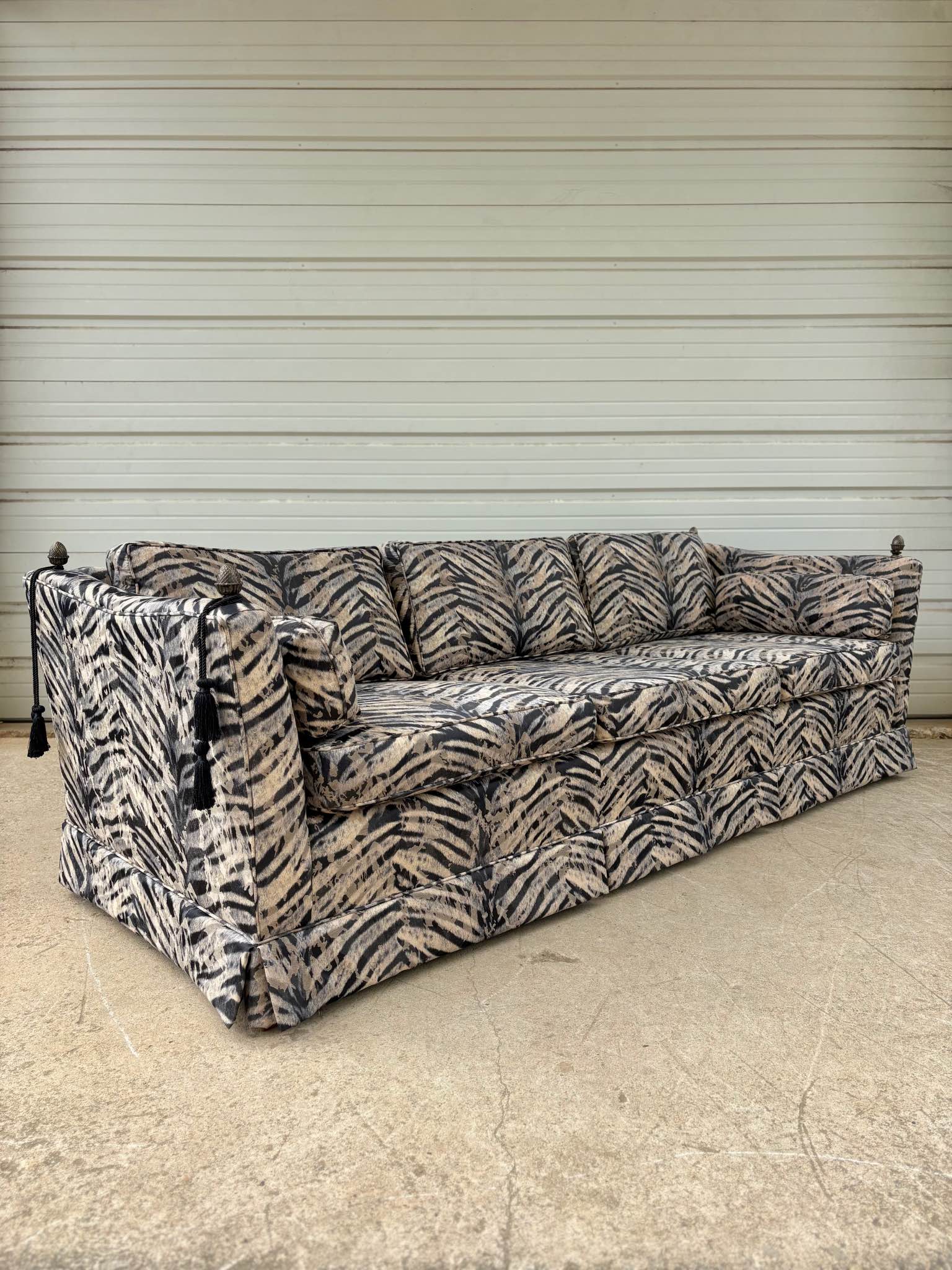 Vintage Upholstered Zebra Print Tassel Couch Mid Century Modern - Sofas