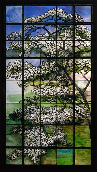 Tiffany window with parakeets and gold fish bowl at Museum of Fine