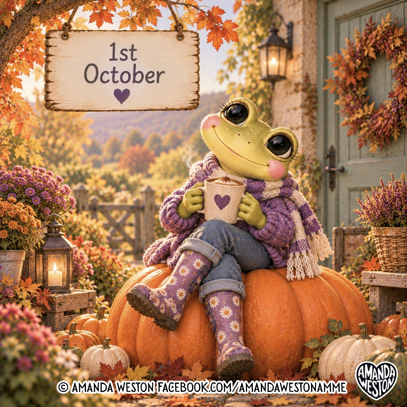 1st October cozy frog on pumpkin