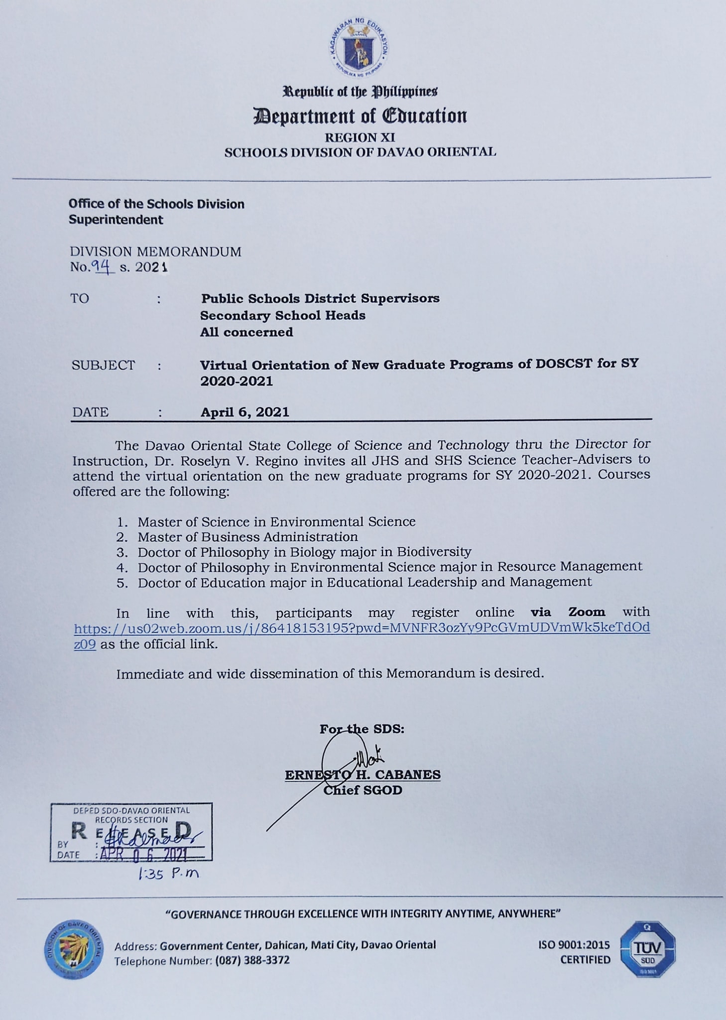 DepEd Schools Division of Davao Oriental - Division Memo No. 94. s 2021 ...
