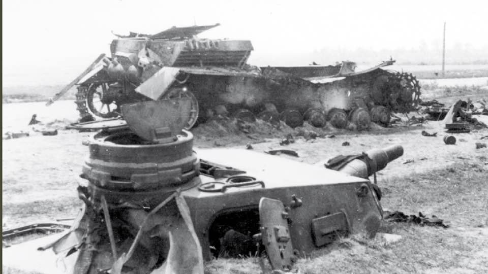 A German Pz IV tank demolished by enemy fire (eastern front most