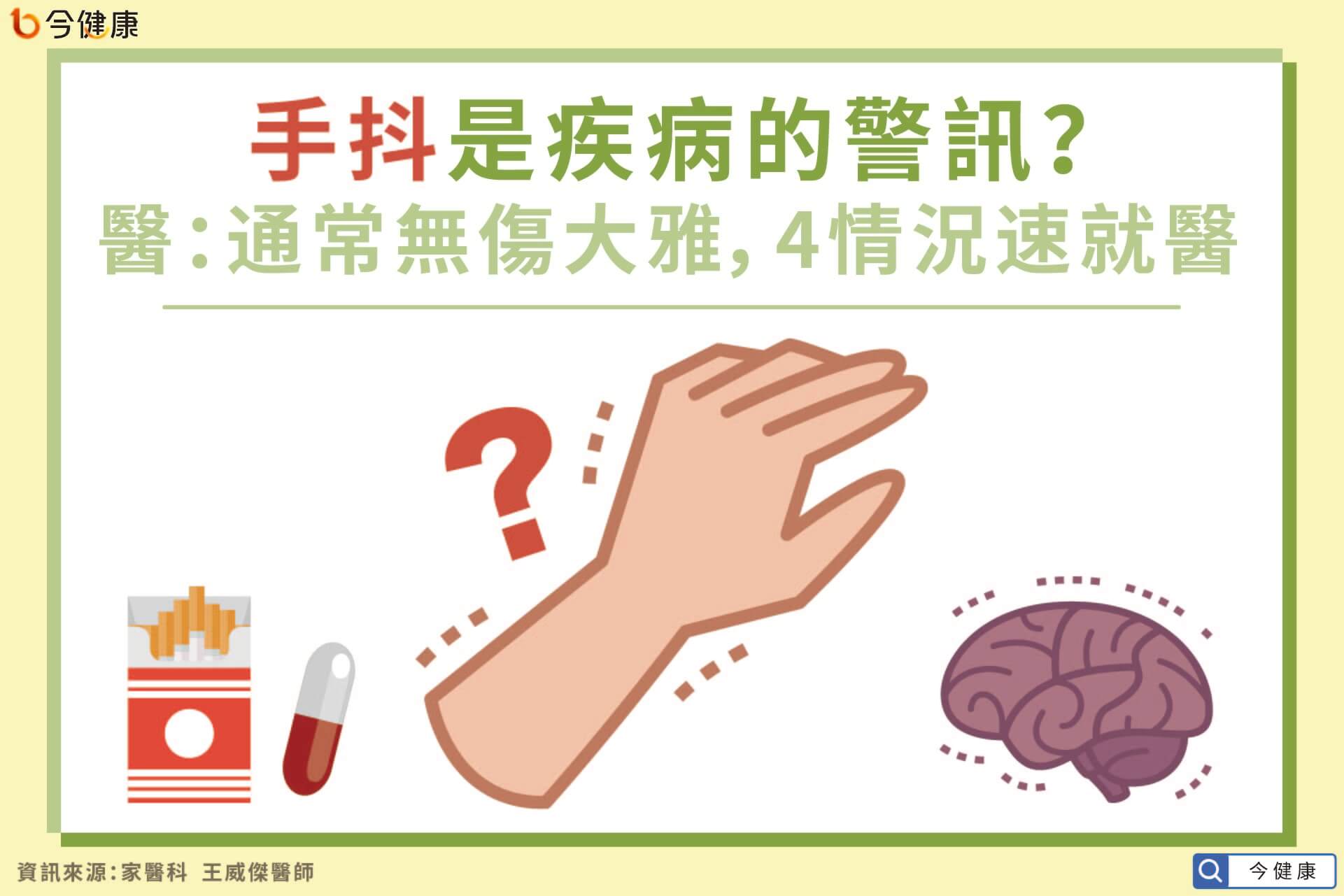 今健康 - #手抖 是相當常見的症狀， 形成的原因也非常多， 大多通常無傷大雅， 但若有出現4種情況應盡早檢查。