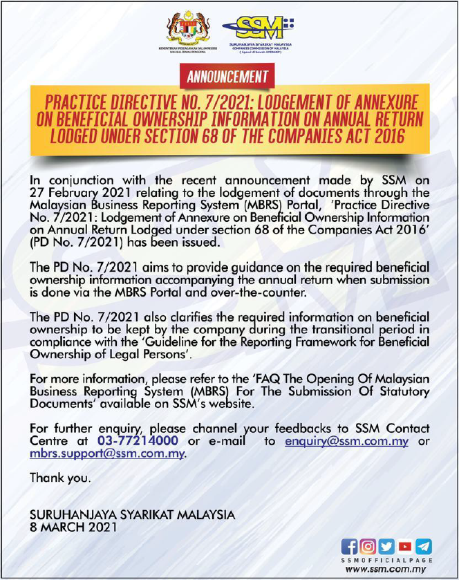 Malaysian Institute Of Accountants Mia Ssm Announcement Practice Directive No 7 2021 Lodgment Of Annexure On Beneficial Ownership Information Of Annual Return Lodged Under Section 6 Of The Companies Act 2016
