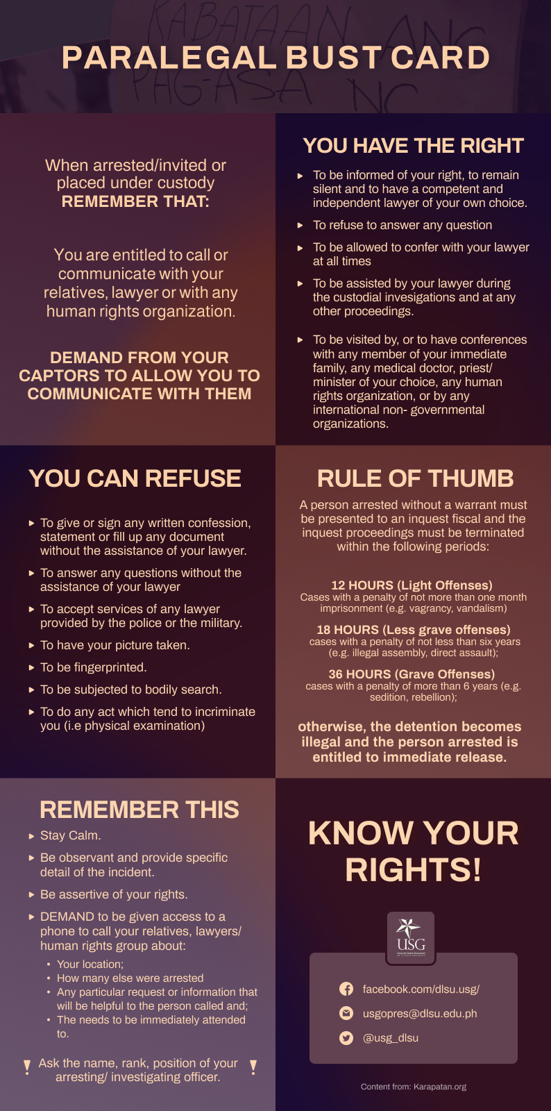DLSU USG - [KNOW YOUR RIGHTS - USG PARALEGAL BUSTCARD]... | Facebook