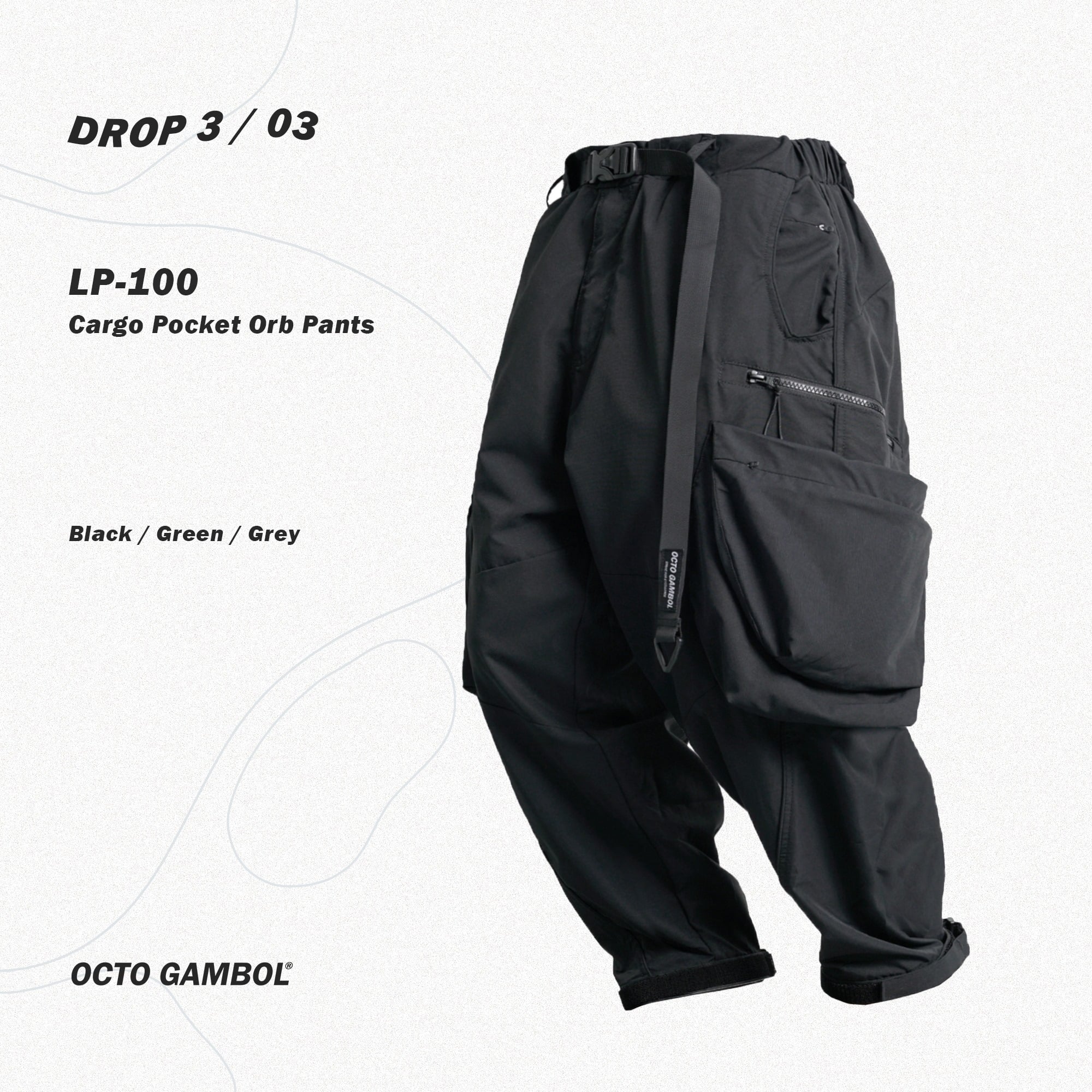 PICZ - “OCTO GAMBOL® LP100 Cargo Pocket Orb Pants” - BLACK 