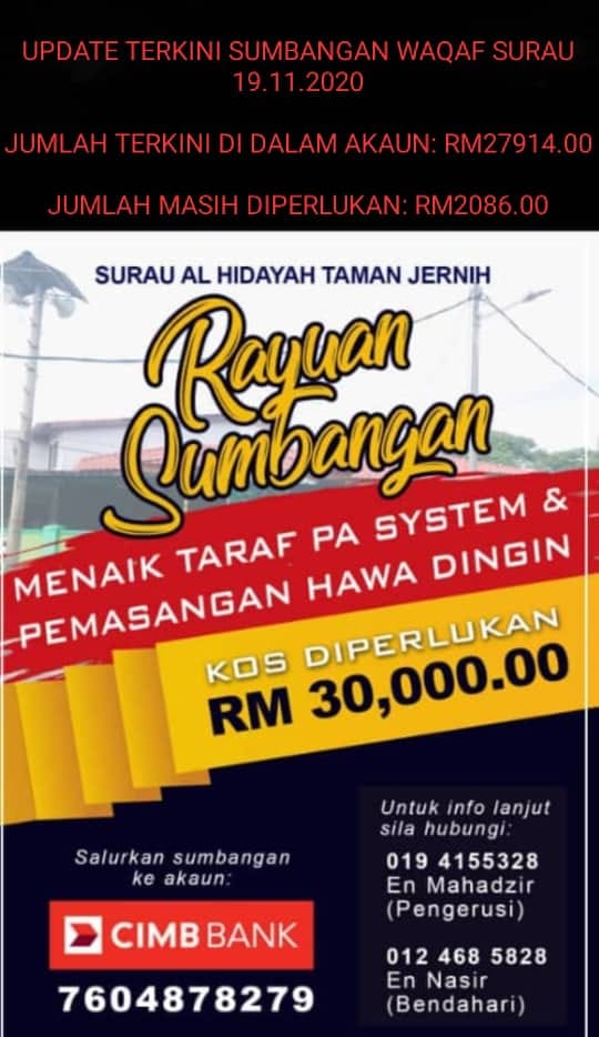 Pusat Pakar Al Quran Malaysia Update Terkini Sumbangan Dana Waqaf Rm30 Ribu Ringgit Yang Telah Terkumpul Di Dalam Akaun Surau Untuk Naik Taraf Pa System Dan Pasang Aircound Surau Al Hidayah