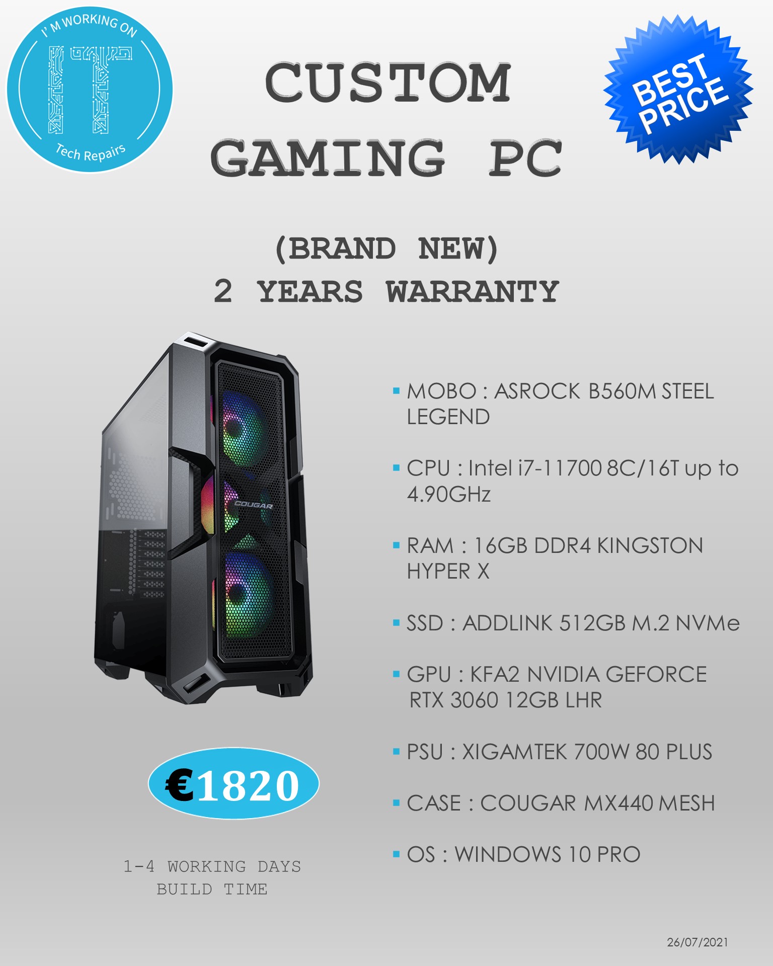 IM - Gaming pc MOBO : ASROCK B560M STEEL LEGEND CPU : Intel i7 