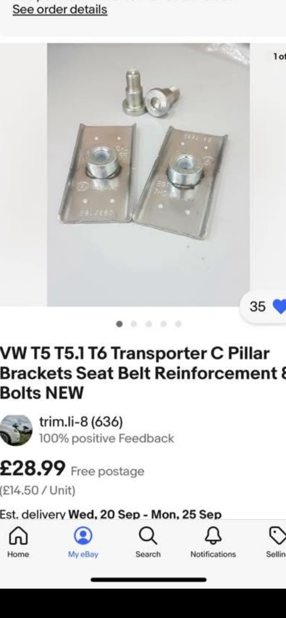 VW Transporter T5 T6 - C PILLAR SEAT BELT PLATE BRAKET
