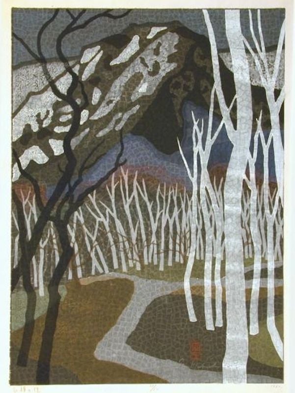 White Birch Road', a 1960 woodblock print; ink and colour on paper