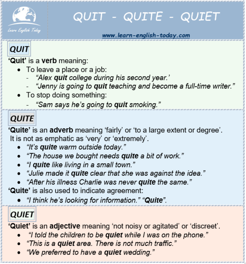 QUIT – QUITE – QUIET: What is... - Learn English Today.com
