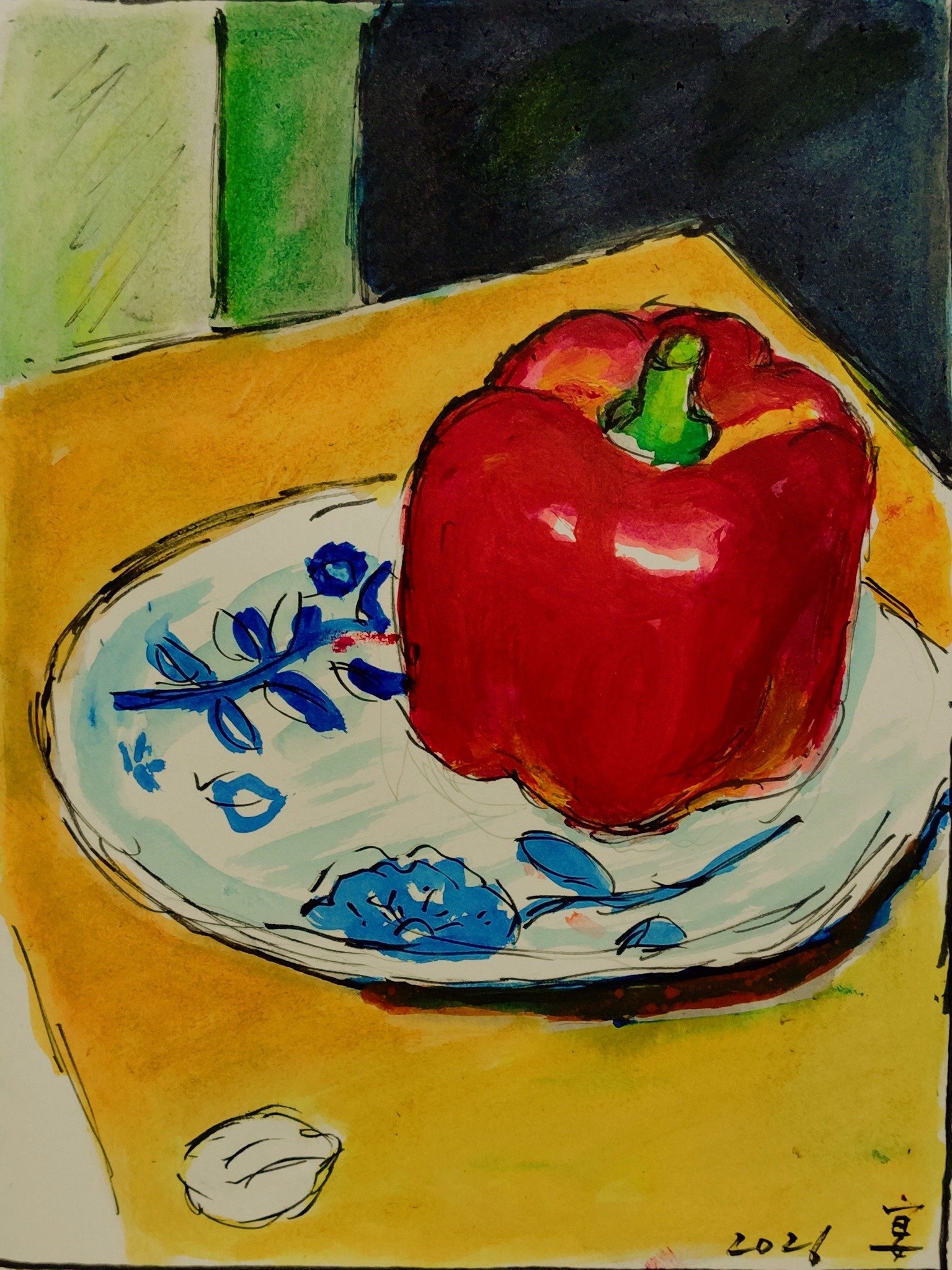 紅いパプリカのある静物 ( 夜 3 ) ] 23 x 17 cm 紙にインク墨と水彩