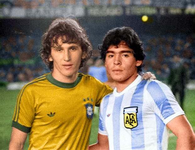 Zico and Maradona with the beautiful '10' Flamengo jersey.