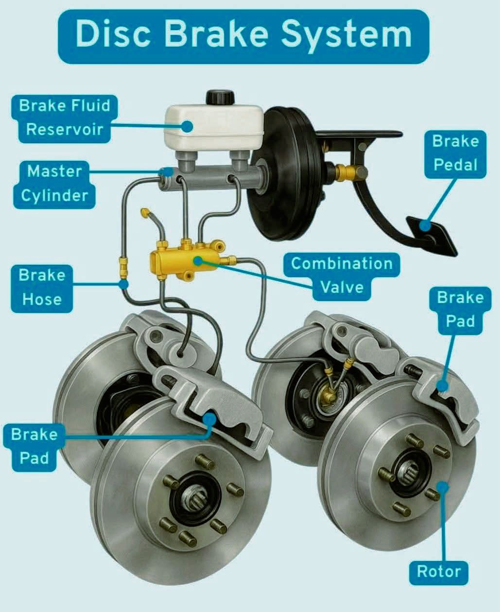 The image displays the components and layout of a disc brake system, a ...