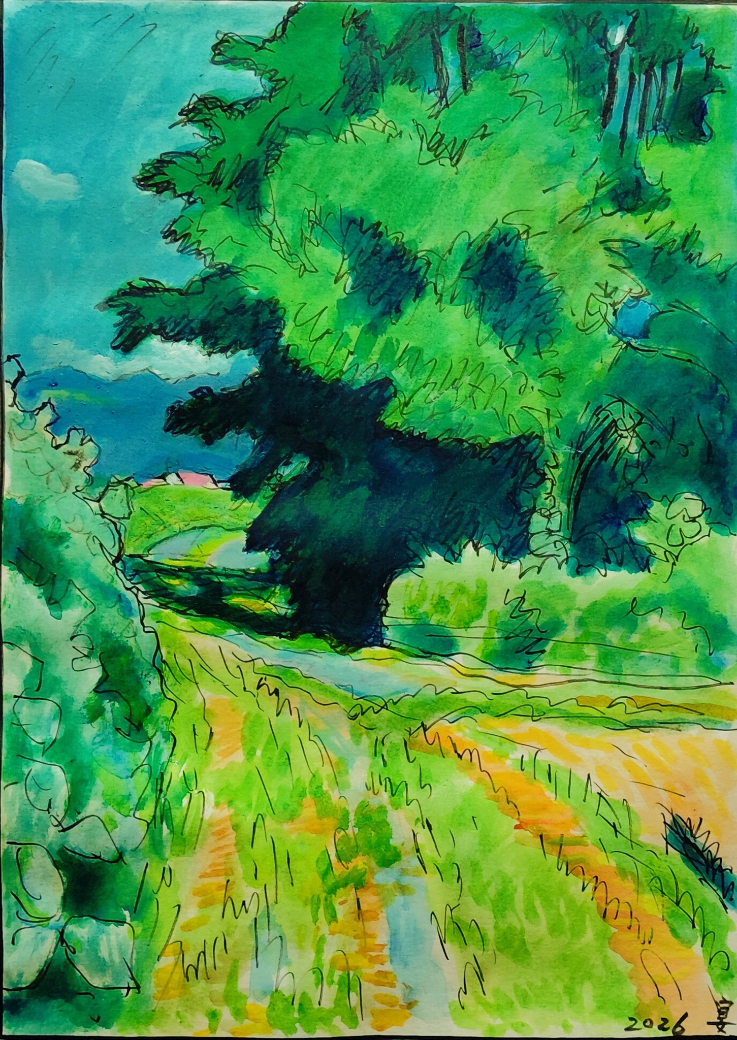 No.13 「新中川」 油彩画 アカシアの林 ( 2 ) ] 33 x 24 cm 紙にインク墨と水彩 2026 花見 宴