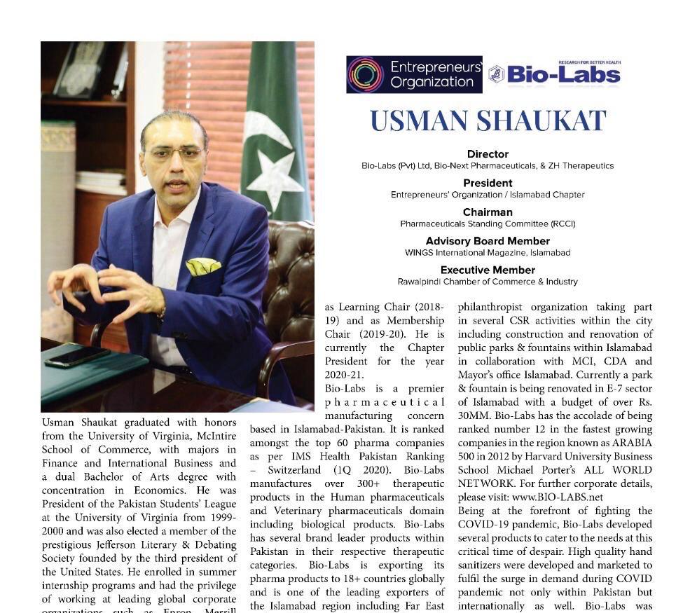 Mr. Usman Shaukat, Director and CEO... - Bio-Labs (Pvt) Ltd