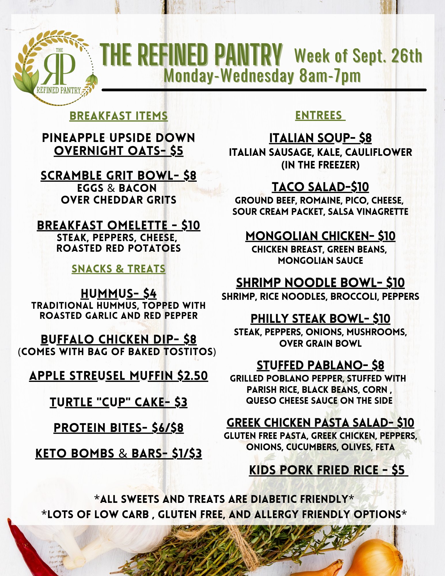 New Menu is OUT! September 26th-28th... - The Refined Pantry